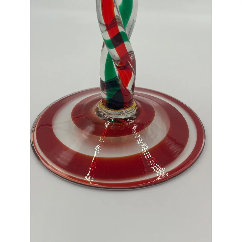 Hand Blown Poland Glass Goblet Red Green White Twisted Stem Spiral‎ Base Holiday